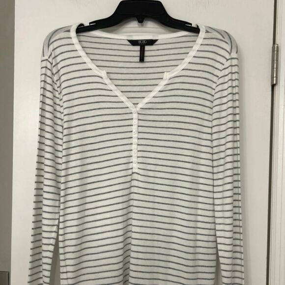 BCBG Paris Cotton Modal White Gray Striped Henley Long Sleeve Top Large Y2K - Picture 4 of 11